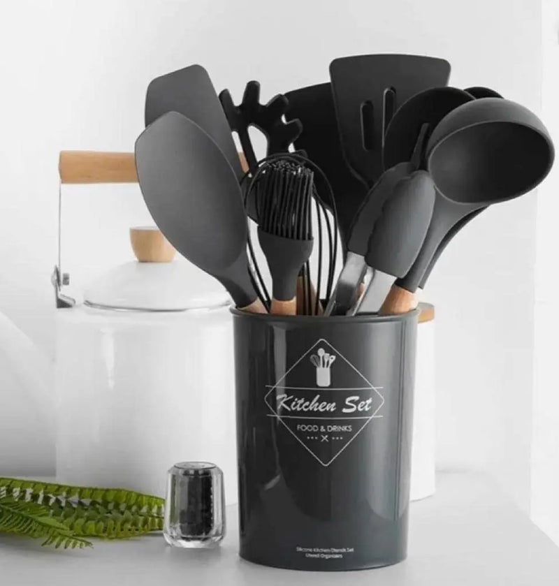 Set Kit with 12 Pieces Kitchen Utensils Spoons Spatula Silicone Wooden Handle Decoration BPA Free