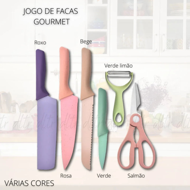 Conjunto Kit Facas Colorido em Aço Inoxidável com 6 Peças para Churrasco e Cozinha Kitchen