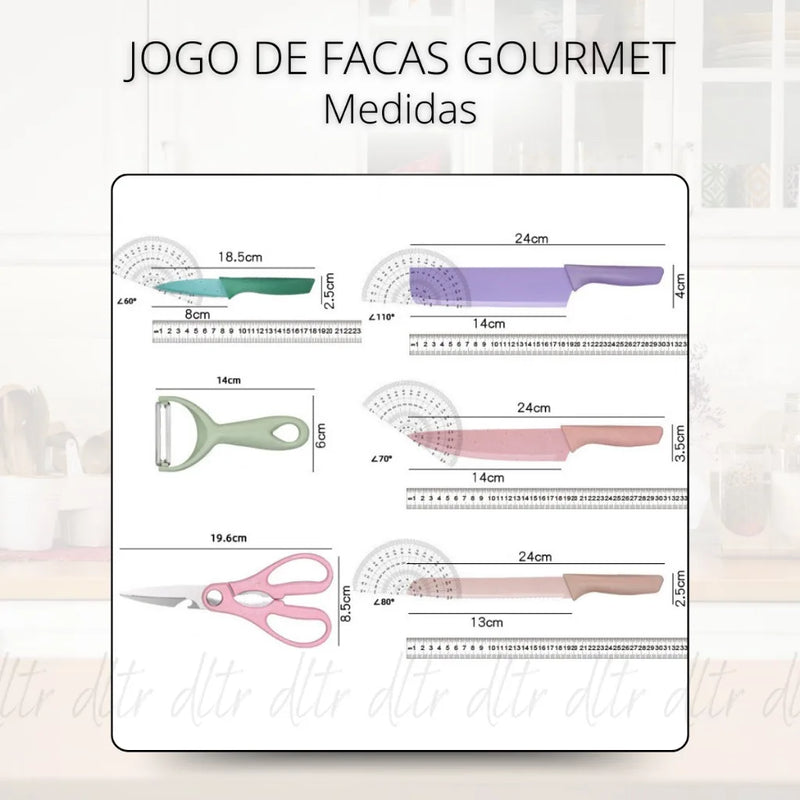 Conjunto Kit Facas Colorido em Aço Inoxidável com 6 Peças para Churrasco e Cozinha Kitchen