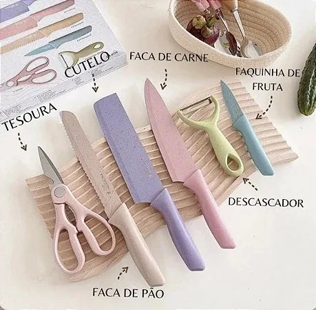 Conjunto Kit Facas Colorido em Aço Inoxidável com 6 Peças para Churrasco e Cozinha Kitchen