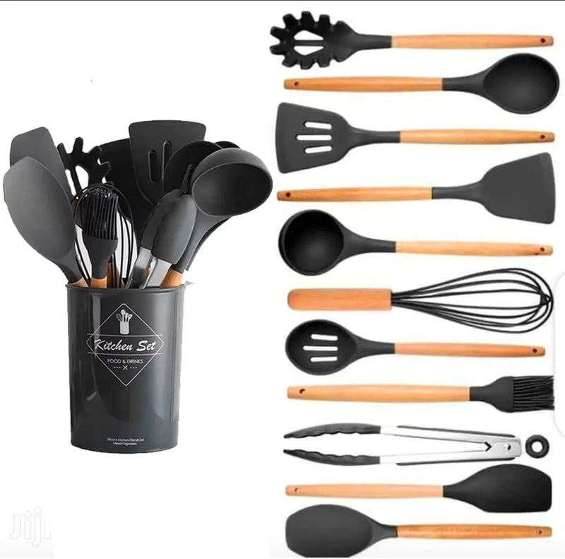 Set Kit with 12 Pieces Kitchen Utensils Spoons Spatula Silicone Wooden Handle Decoration BPA Free