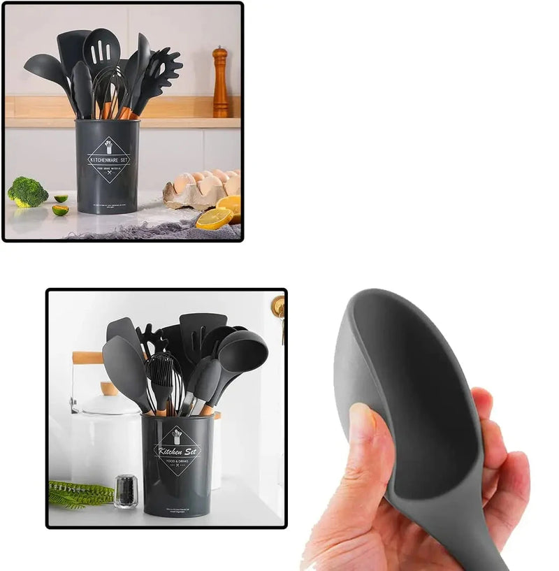 Set Kit with 12 Pieces Kitchen Utensils Spoons Spatula Silicone Wooden Handle Decoration BPA Free