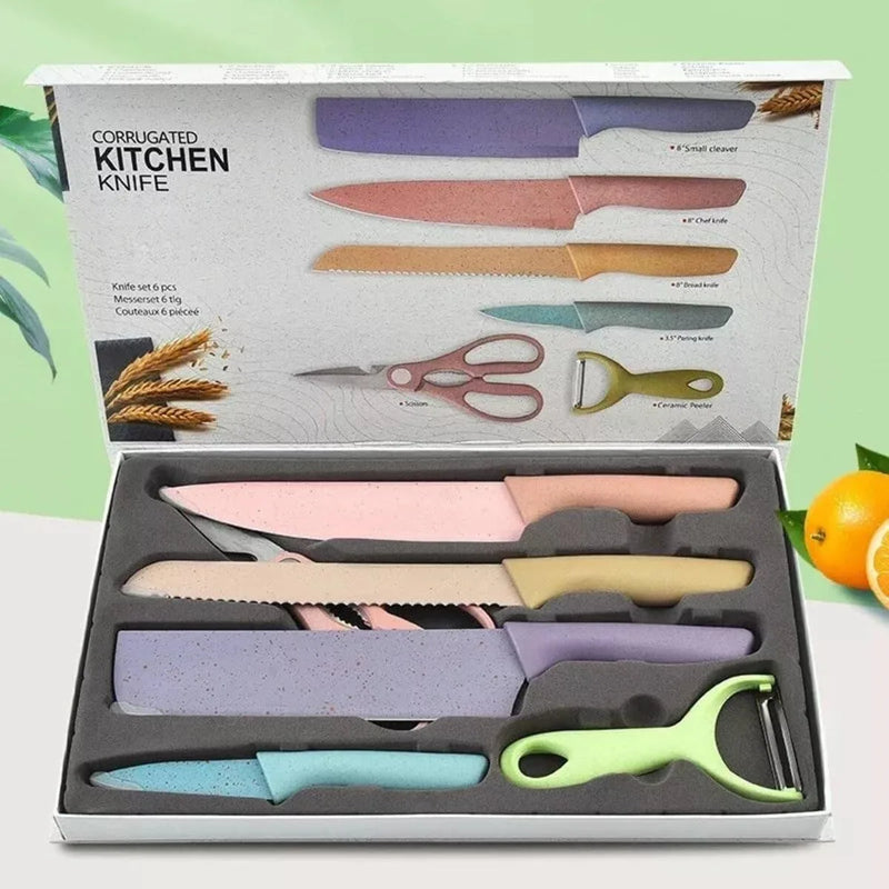 Conjunto Kit Facas Colorido em Aço Inoxidável com 6 Peças para Churrasco e Cozinha Kitchen