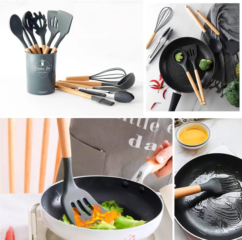 Set Kit with 12 Pieces Kitchen Utensils Spoons Spatula Silicone Wooden Handle Decoration BPA Free