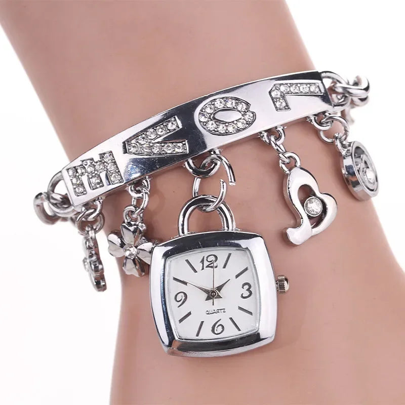 Women's Watch with Rhinestone Letters Rhinestone Bracelet and Pendant