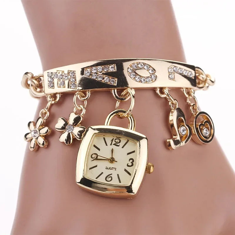 Women's Watch with Rhinestone Letters Rhinestone Bracelet and Pendant