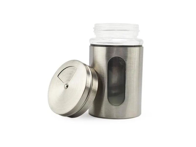 Kit of 4 Glass and Stainless Steel Condiment Holders with Adjustable Opening for the Kitchen 