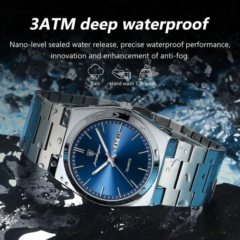 POEDAGAR Luxury Waterproof Luminous Date Week Stainless Steel Watch 