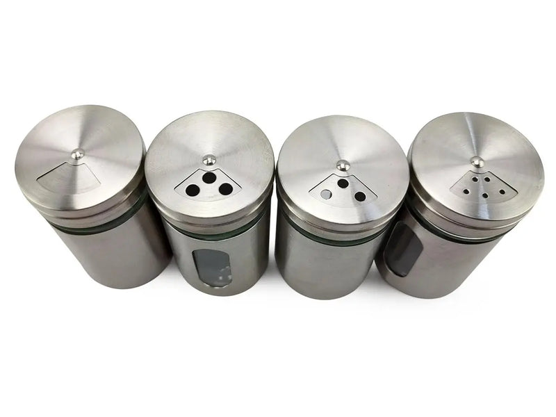 Kit of 4 Glass and Stainless Steel Condiment Holders with Adjustable Opening for the Kitchen 