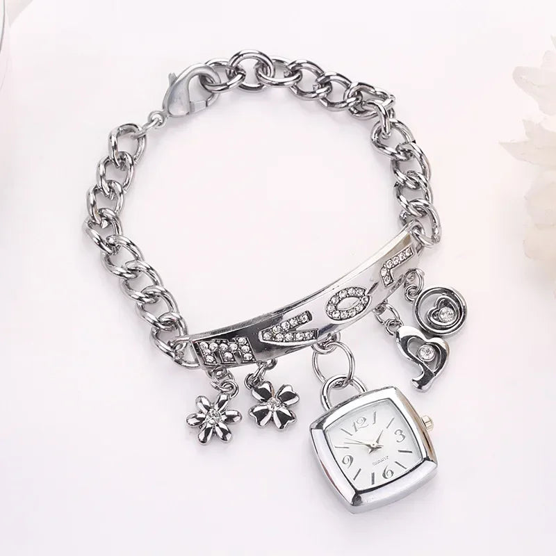 Women's Watch with Rhinestone Letters Rhinestone Bracelet and Pendant