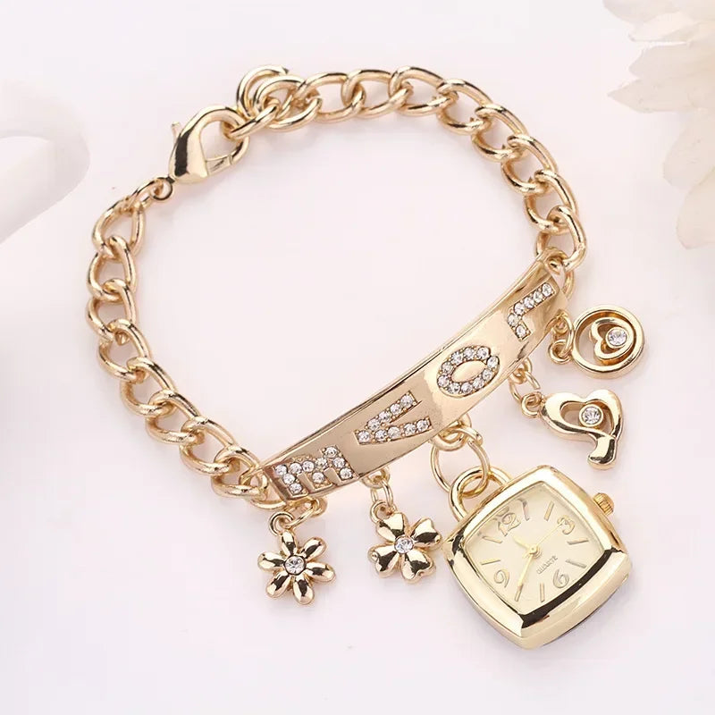 Women's Watch with Rhinestone Letters Rhinestone Bracelet and Pendant